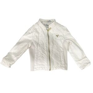 Guess Girls White Faux Leather Quilted Moto Jacket Sz 4 Rhinestone Glam Edgy‎